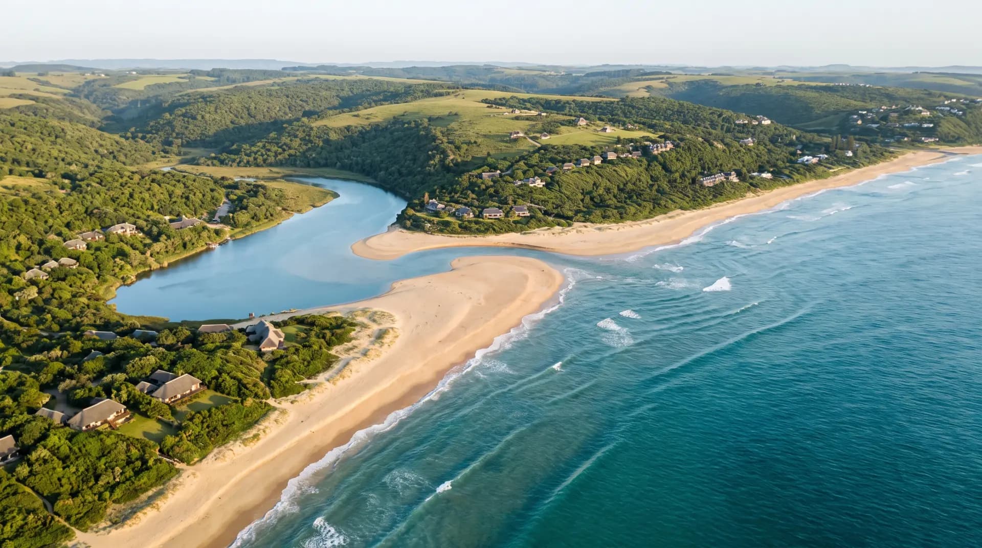 Aerial view of Chintsa beach and lagoon on the Wild Coast