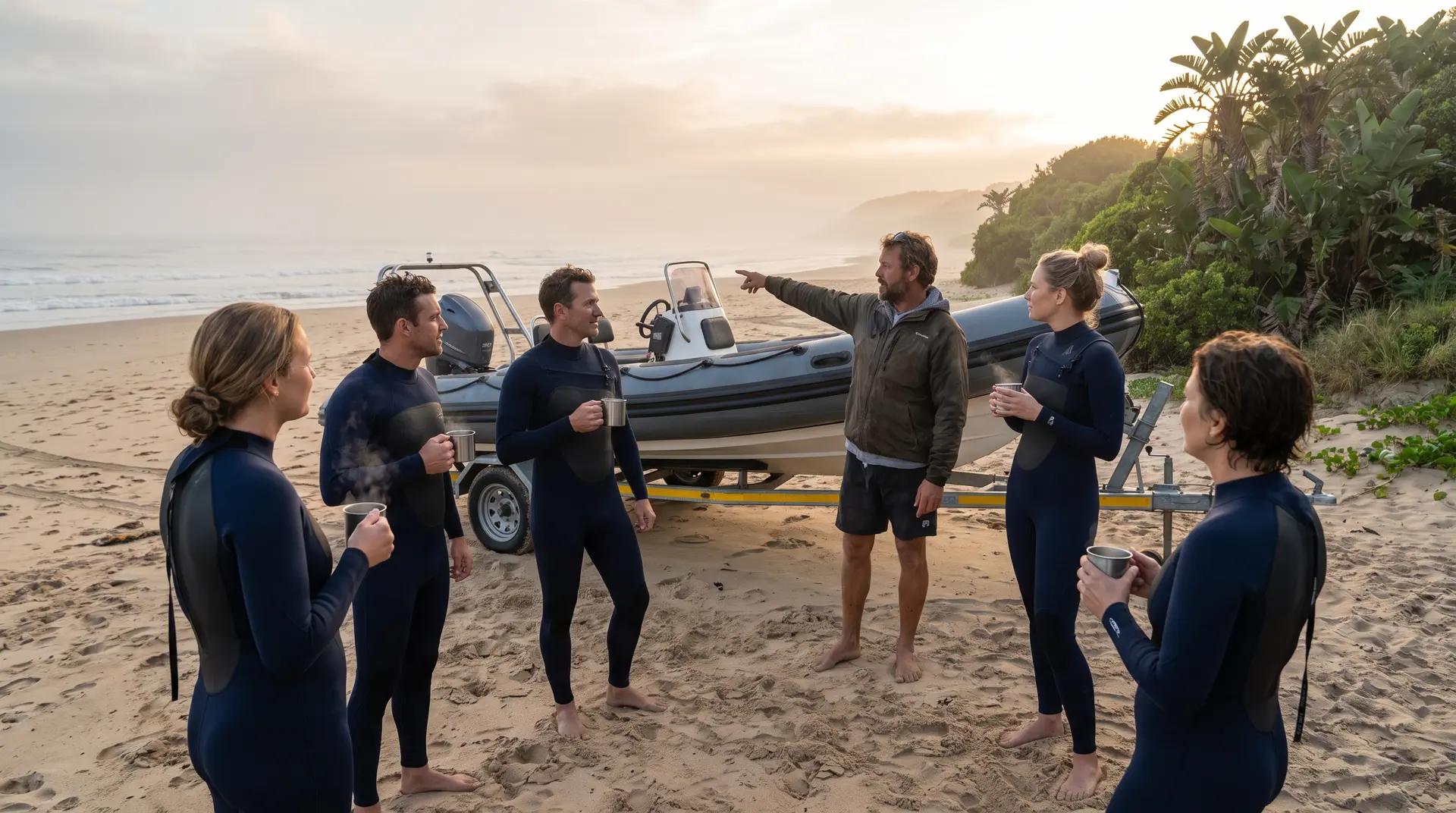 Guests in wetsuits at a dawn briefing beside the expedition boat on Chintsa beach