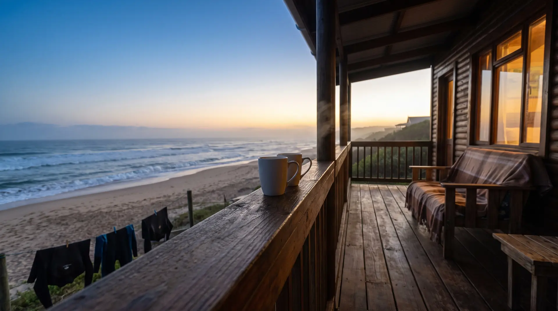 Dawn coffee on the lodge deck at Chintsa before a sea day