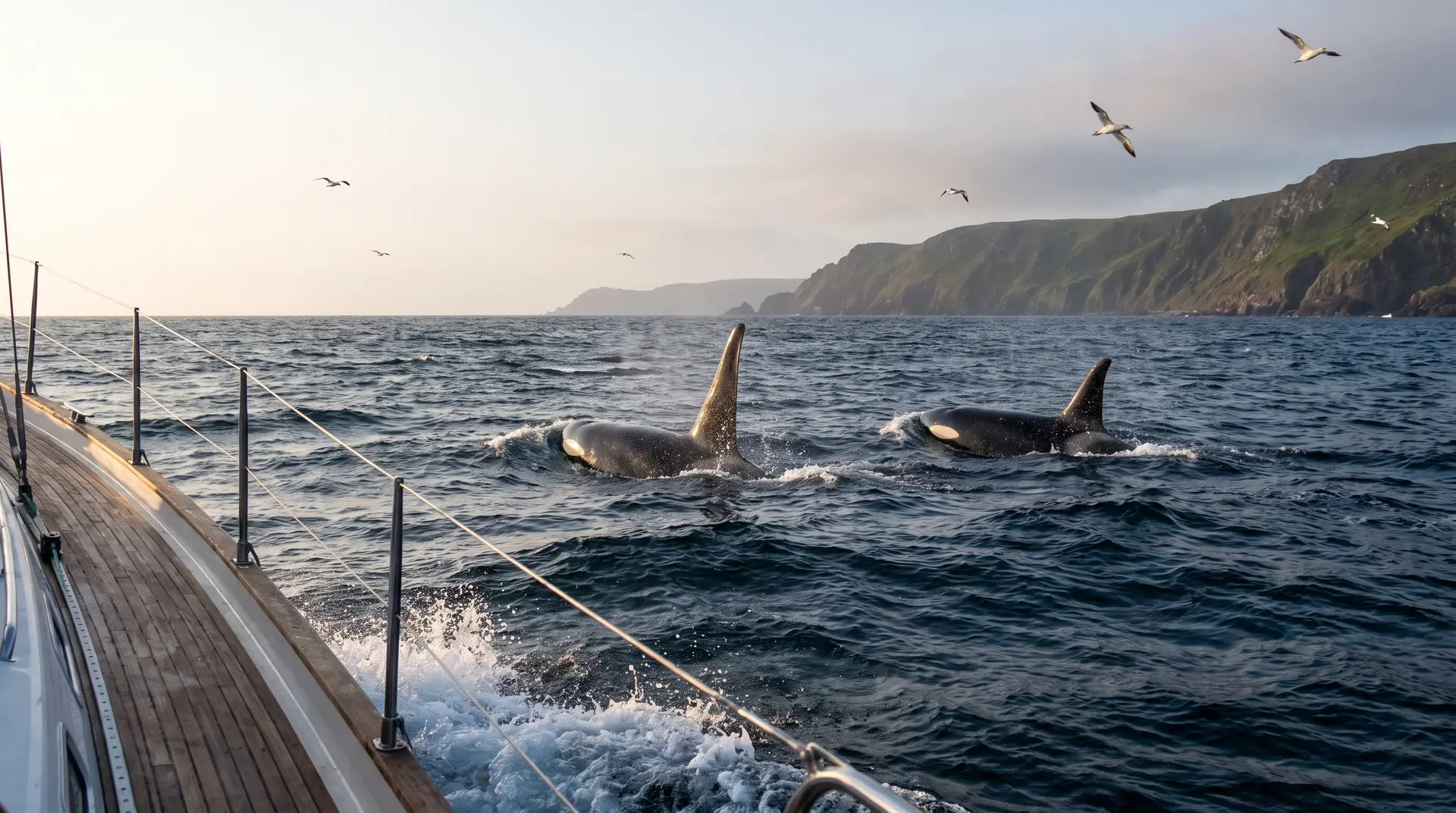 Pair of orcas surfacing offshore