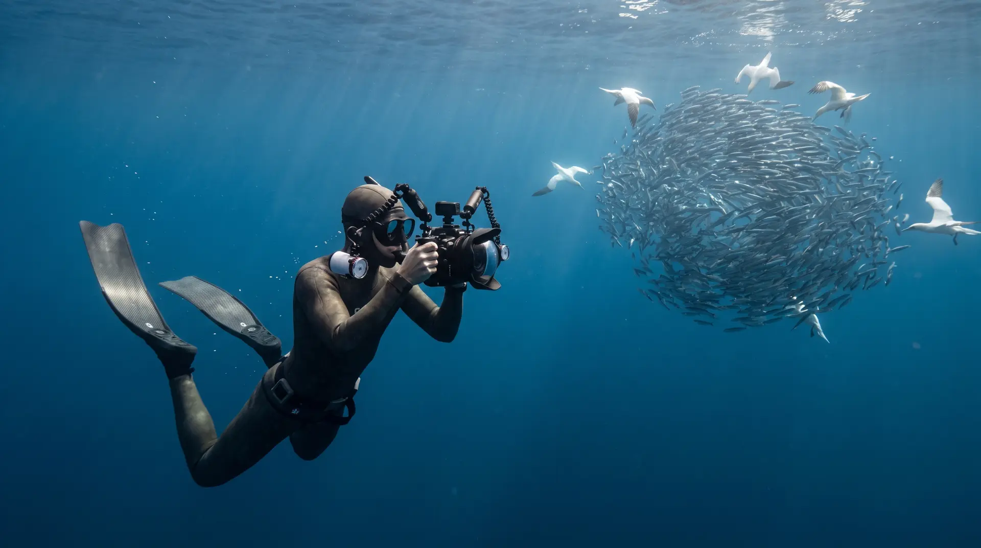 Freediver photographing a distant bait ball