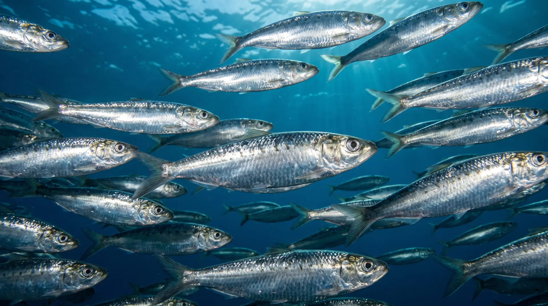 Close-up wall of shimmering sardines